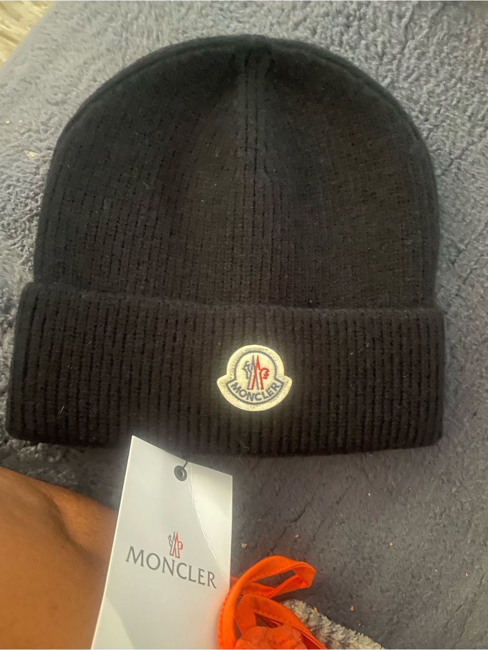 Moncler Black Ribbed Cuff Logo Beanie